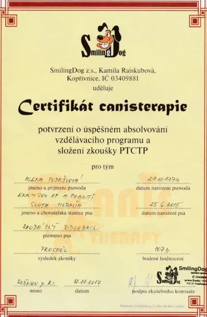 Certifikát canisterapie